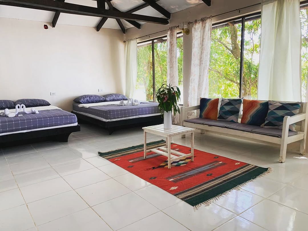 Triangle Tent — interior with beds, colorful cushions, and large windows facing the garden