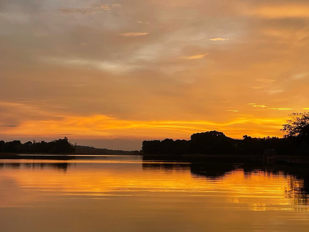 Dramatic orange and gold sunset over Lake Lumot with silhouetted treeline